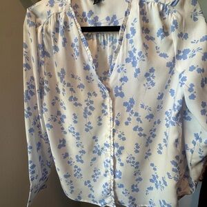 Ann Taylor Cream Blouse with Light Blue Floral Print